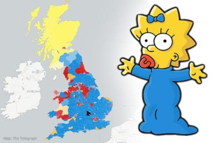 Maggie Simpson and the exit poll map of the UK (real result had a bit more Plaid Cymru)
